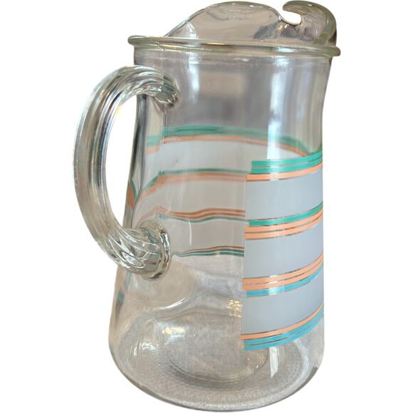 Vintage Striped Glass Pitcher Turquoise Peach Retro - Picture 4 of 8